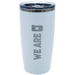 white tumbler with dimples and We Are